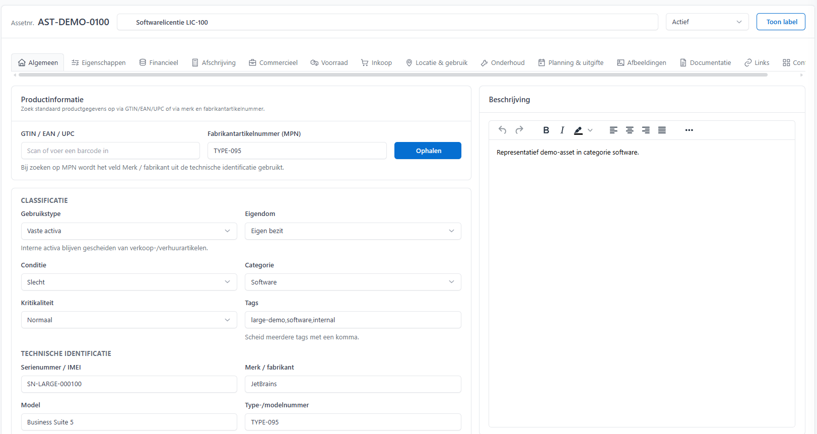 Asset detailscherm in MyKlerk
